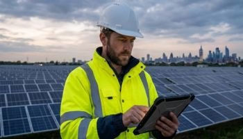 Engineer in high-vis reviewing energy site