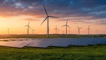 Wind turbines on a green field